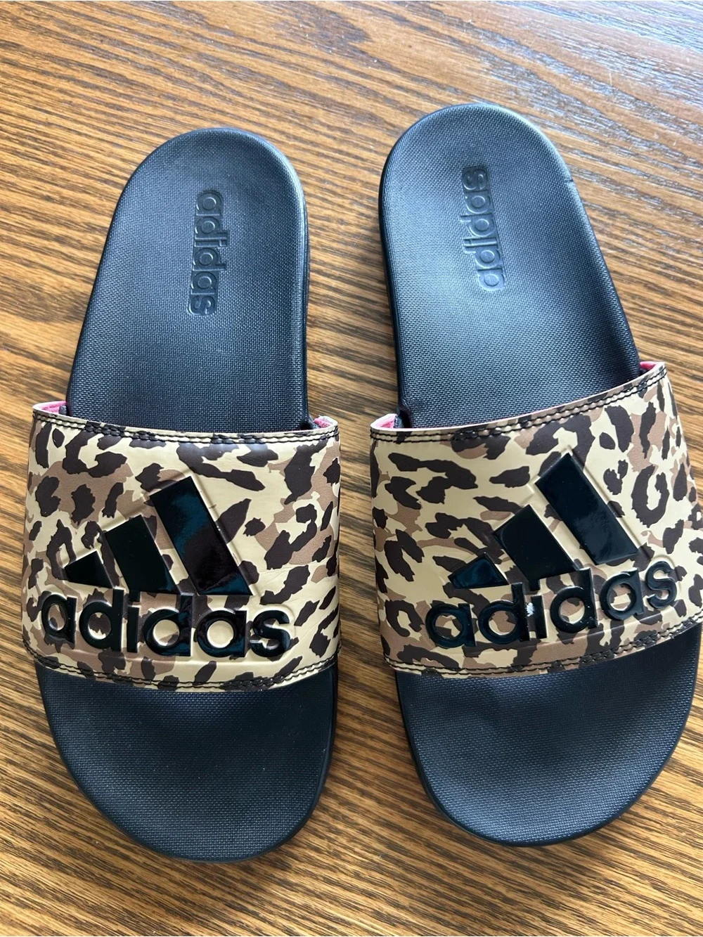 adidas Leopard-Print Slide Sandals in Black and Tan Size 8